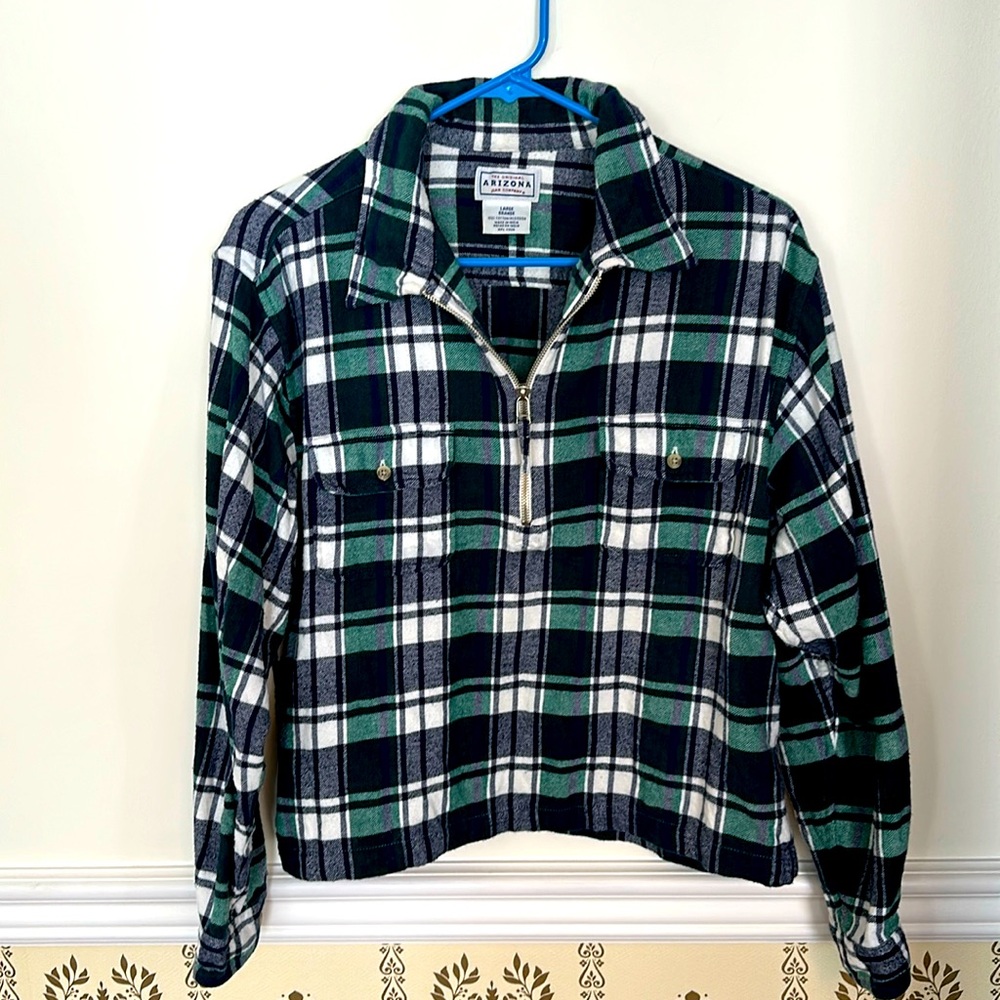 Arizona Jean Company Plaid Flannel Quarter Zip Long Sleeve Shirt L Front Pockets
